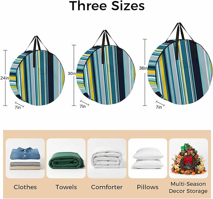Storage Bag Blue Stripes Round Storage Totes Bins Closet Organizers with Zippers & Handle Boho Style Lines Striped Clothes Storage Container for Bedroom Dorm Space Saving Packing Supplies Moving Bags