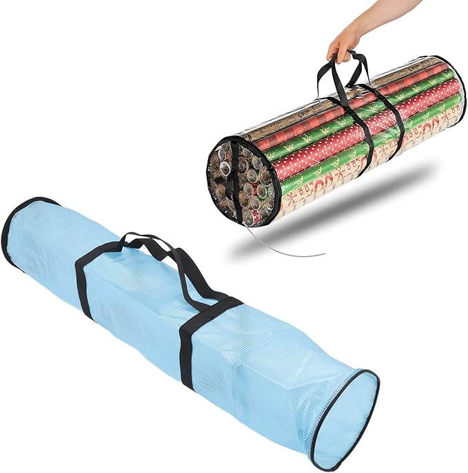 Clear Wrapping Paper Storage Bag, Gift Wrap Organizer with, Transparent Bag for Rolls, Space Saving Design with Handle for Closet or Under Bed Storage (Transparent Blue)