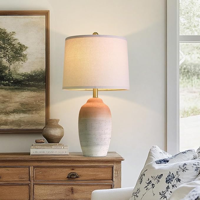 USumkky 24.5" Ceramic Table Lamp with 5FT Cord, Single Farmhouse Vintage Rustic Bedside Lamp for Living Room Bedroom Entryway, Linen Shade Nightstand End Table Decor (Bulb Not Included)-White&Brown