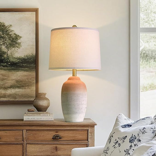 USumkky 24.5" Ceramic Table Lamp with 5FT Cord, Single Farmhouse Vintage Rustic Bedside Lamp for Living Room Bedroom Entryway, Linen Shade Nightstand End Table Decor (Bulb Not Included)-White&Brown