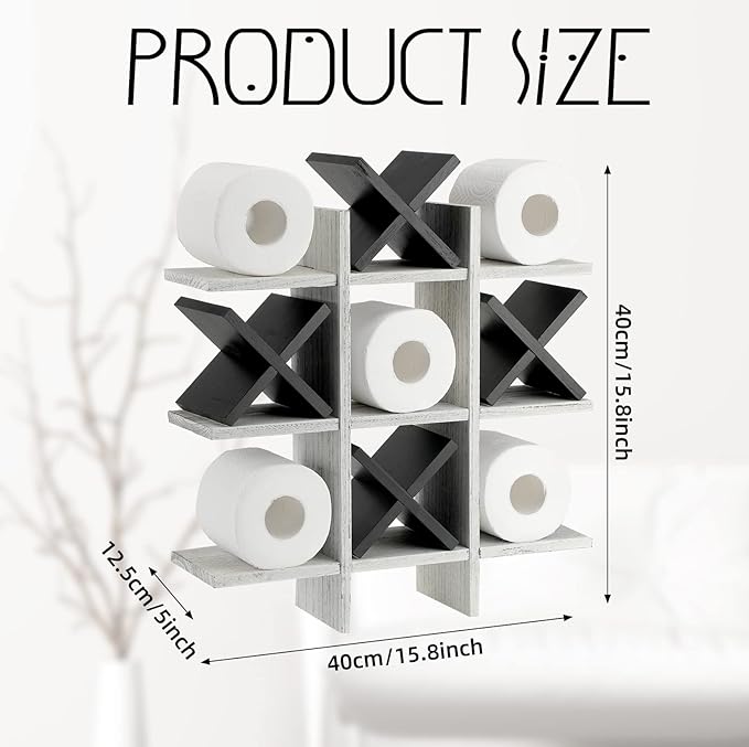 Weysat Tic Tac Toe Toilet Paper Holder Stand Bathroom Wall Decor Rustic Wooden Hanging Storage Freestanding Wall Mounted Shelves Decor for Toilet Tissue Farmhouse