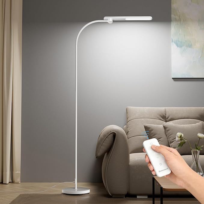 Honeywell LED Floor Lamp with Remote, CRI97 Full Spectrum Eye-Caring Reading Lamp, Stepless Dimmable 3000K-5000K Task Floor Lamp with Flexible Gooseneck for Living Room, Bedroom, Office