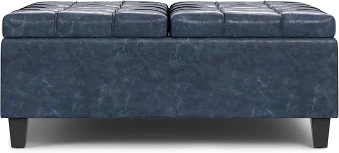 SIMPLIHOME Harrison Large Coffee Table Storage Ottoman - 40 inch Wide Upholstered Vegan Leather Square Lift-Top Ottoman in Denim Blue, Transitional Bench for Living Room with Sturdy Base