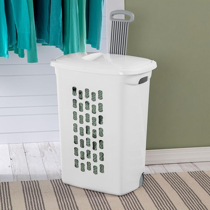 Sterilite 3 pack Ultra Wheeled Hamper, Laundry Basket w/Flip-Top Lid & Retractable Handle - Plastic Rolling Clothes Storage Cart with Ventilated Holes for Home, Apartment or Dorm