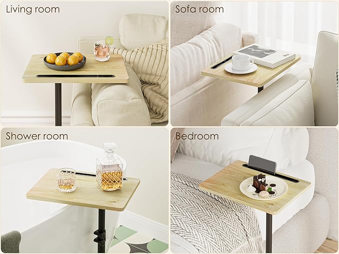 Masupu Sofa Arm Tray Table - 360° Swivel Height Adjustable End Table, Small Snack Side Table for Couch, C Shaped Table for Bed, Chair or TV Tray Table(Natural)