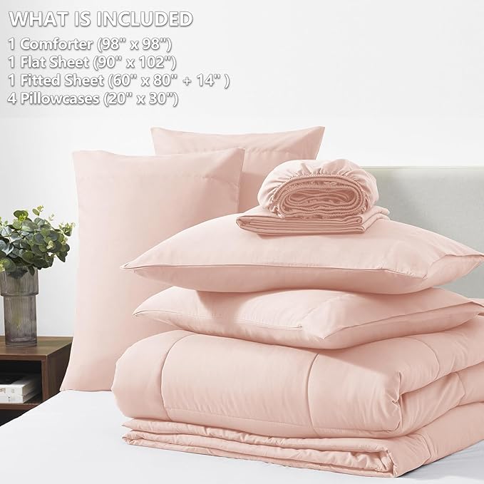CozyLux Oversized Queen Comforter Sets Blush Pink, 7 Pieces Bed in a Bag, Ultra-Soft All Season Bedding Sets with Stitch Quilted Comforter, Flat Sheet, Fitted Sheet, Pillowcases