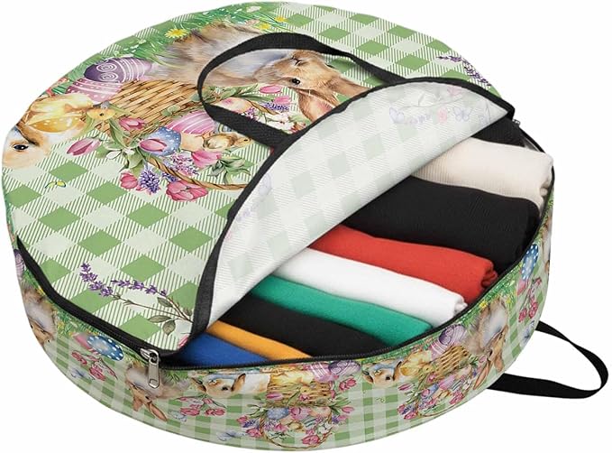 24 Inch Round Storage Bag 1 Pack,Easter Spring Flowers Rabbit and Eggs Waterproof Wreath Storage Container with Handles&Zipper Green and White Buffalo Checker Closet Organizer Bags Garland Box