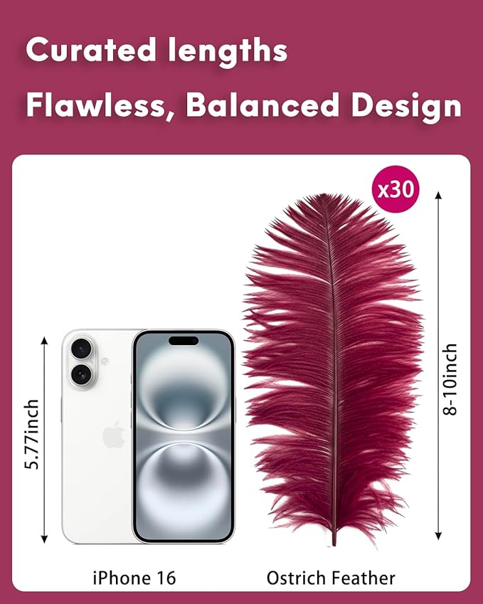 30pcs Wine Red Ostrich Feathers Natural Bulk 8-10in（20-25cm） Vase Craft Wedding Home Party Centerpieces Christmas Day Decoration
