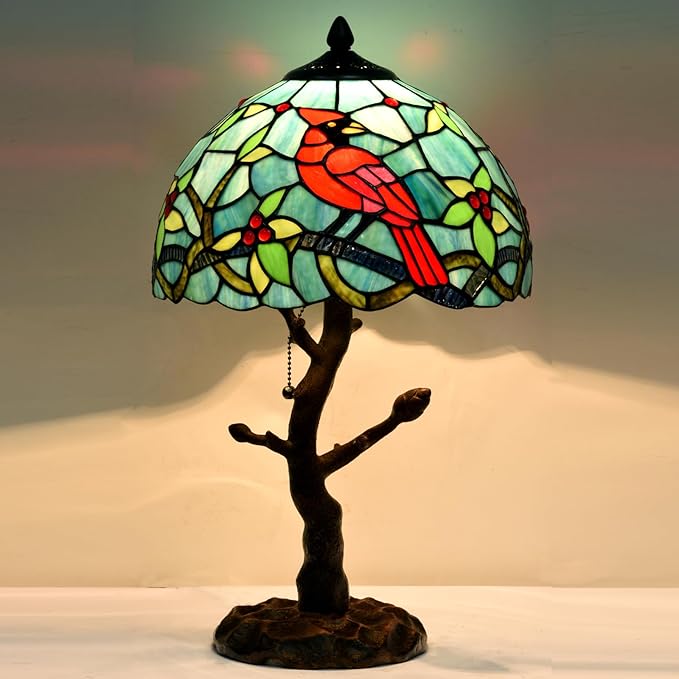 TL0035 Tiffany Style Stained Glass Table Lamp, Cardinal Bird Desk Lamp with Branch Base, W 12" x OH 21", Great for Home Decor & Night Lighting, LED Bulb Included (Red Cardinal)