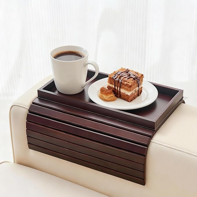 Bamboo Couch Arm Tray Table, Foldable Sofa Rest with Non-Slip Base Portable Armchair Cup Phone Holder for Drinks, Remote, Snacks Fits Most Recliners Couches, Easy-Clean Surface(Mahogany)