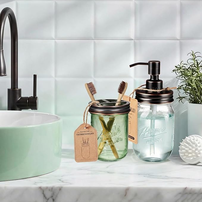 SheeChung Mason Jar Toothbrush Holder, Green Glass Toothbrush Holder, Bathroom Countertop Organizer, Stainless Steel Lid, Toothbrush Toothpaste Holder Storage, Oil Rubbed Bronze Bathroom Accessories