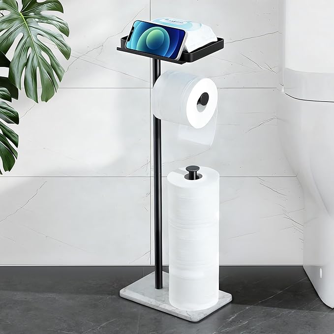 Toilet Paper Holder with Phone Stand - Extra Heavy Duty Marble Base Toilet Paper Holder Free Standing Built in Wet Wipe Holder