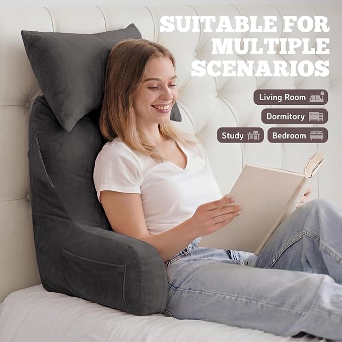 Unisakey Portable Reading Pillows with Headrest for Bed Sitting Up(Light Grey Oeko-Tex), Velvet Back Pillow with Arms & Pockets for Adults, Support Memory Foam Bed Pillow for Dorm/Watching/Gaming