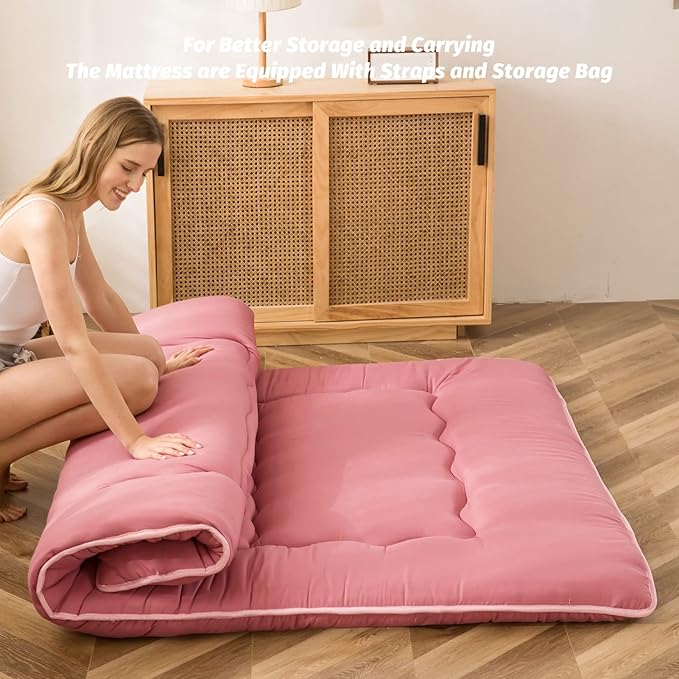 MAXYOYO Japanese Floor Mattress Futon Mattress, Thicken Sleeping Pad Foldable Roll Up Floor Futon for Adults Tatami Mat Dormitory Couch Lounger, Pink, Full Size
