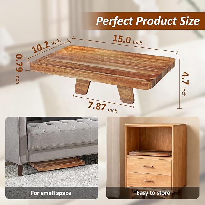 Acacia Wood Couch Tray, Folding sofa Table Insert for Middle Portable Couch Armrest Trays Perfect for Drinks, Snacks, Phone, Remote Control,14.96x10.23-inch (Rectangle)