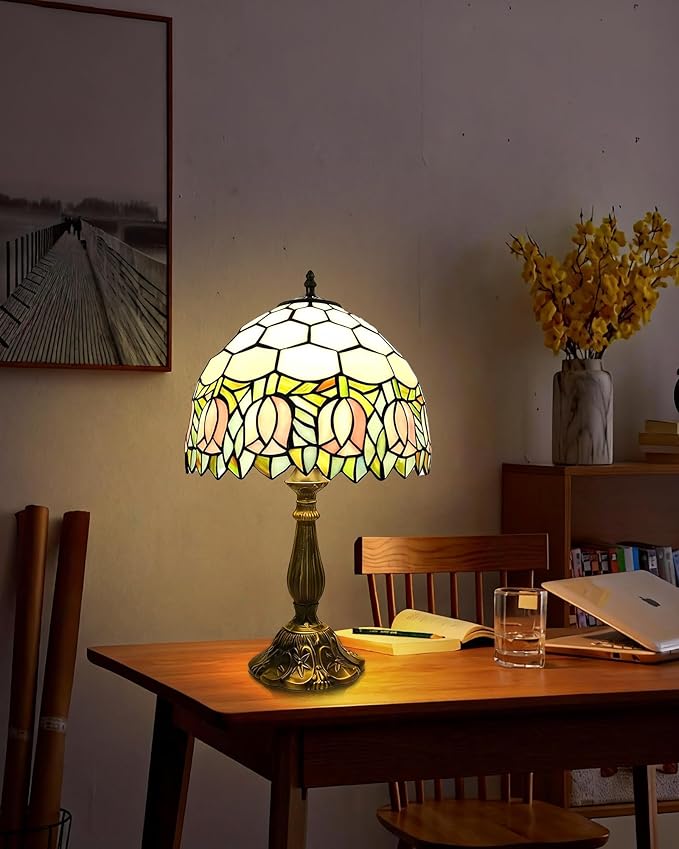 Tiffany Lamp Stained Glass Lamp Pink Tulip Bedroom Table lamp Reading Desk Light for Bedside Living Room Office Dormitory Dining Room Decorate Housewarming Gift 12X12X18 Include Light Bulb