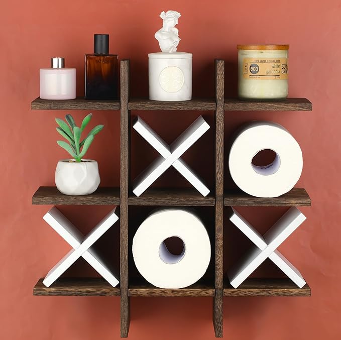 Weysat Tic Tac Toe Toilet Paper Holder Stand Bathroom Wall Decor Rustic Wooden Hanging Storage Freestanding Wall Mounted Shelves Decor for Toilet Tissue Farmhouse