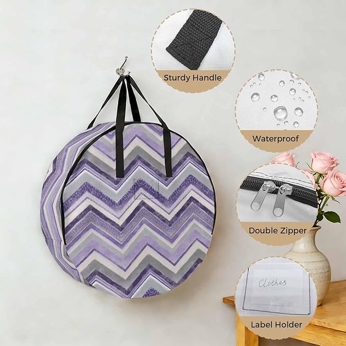 Storage Bag Purple Grey Chevron Round Storage Totes Bins Closet Organizers with Zippers & Handle Geometric Design Stripe Clothes Storage Container for Bedroom Dorm Space Saving Packing Supplies Bags