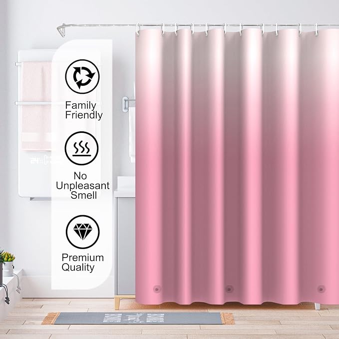 TIKABC Gradient Pink Shower Curtain Liner, 4G PEVA Shower Liner, Plastic Waterproof Shower Curtains, 72x72 inch with Grommet Holes 3 Magnetic Weights