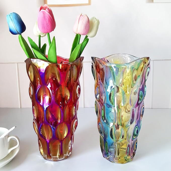 Unbreakable Flower Glass Vase 3.5lb 9.5inch Sparkle vase Bohemian Style, for Centerpieces,Kitchen,Office, Living Room,Wedding,Perfect Home Decor Glass Vase (Sparkle red)