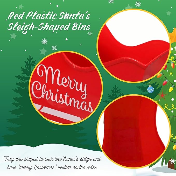 A1U Red Plastic Santa's Sleigh-Shaped Bins, Christmas Holiday Red Stackable Desk Storage Containers Organizer Holder Basket Caddy Gifts Favor Table Home Kitchen Versatile Reusable Decorations, 2 ct.