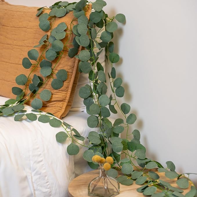 CQURE 16Pcs Eucalyptus Garland,Artificial Eucalyptus Leaves Table Greenery Garland Wreath Vines for Wedding Party Table Fireplace Bedroom Wall Room Decor
