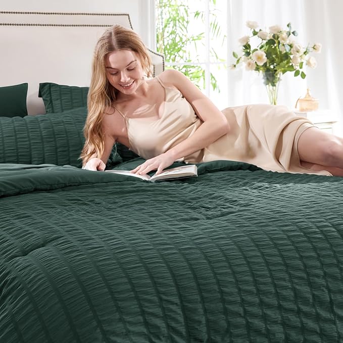 CozyLux Oversized King Comforter Set Forest Green Seersucker 7 Pieces 120x98 Bed in a Bag Comforter Set with Sheets, Luxury Bedding Sets with Down Alternative Comforter, Sheets, Pillowcases & Shams