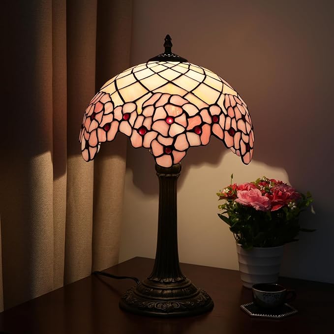 Tiffany Lamp Stained Glass lamp 12x12x18 Inches Bedside Table Lamp for Living Room Bedroom Dorm Kitchen Home Decor Festival Birthday Gift,Cherry Blossom