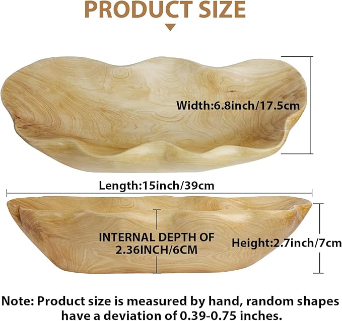 BTEOBFY Wooden Fruit Bowl Handcrafted Wood - Natural Fruit Basket for Kitchen Counter Display, Decorative Bowl for Apples, Oranges, Pineapples (15 Inch)