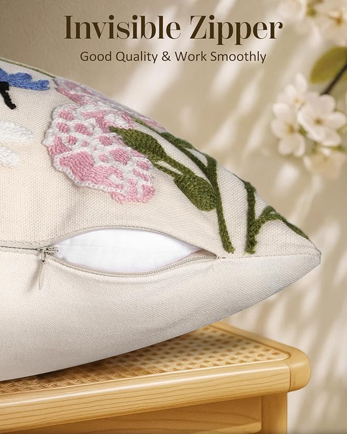 Embroidered Lumbar Pillow Cover 20x12 Inch - Spring Summer Boho Decorative Pillow Cover with Zipper for Living Room Couch Sofa Bed Aesthetic Design Retro Flower Cushion Pillowcase