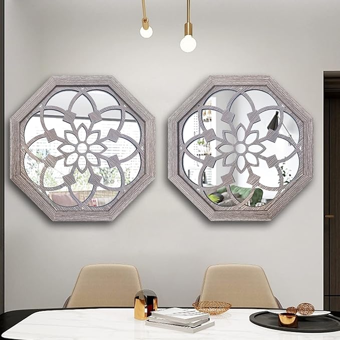 ZOLAPI 2 PCS 20 inch Octagon Wall-Mounted Mirrors,Vintage Farmhouse Mirror for Wall Decor,Barn Wood Color Decorative Accent Mirror for Foyer, Bathroom, Bedroom. (20”x20”)