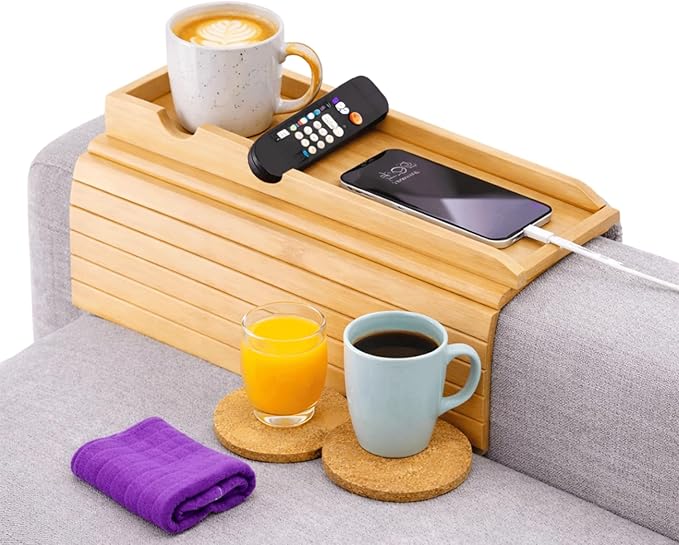 Bamboo Sofa Armrest Tray, 2-in-1 Bamboo Couch Arm Tray with Detachable Cup Holder, Foldable Non-Slip Sofa Armrest Table for Drinks, Phone, Remote & Snacks