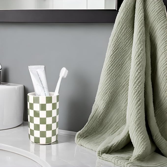 Tooth Brush Holder for Bathroom, Green Toothbrush Holders for Bathrooms, Modern Cute Ceramic Toothbrush Caddy, Toothbrushes and Toothpaste Cup for Bath Room Countertop Storage,Sage Green Decor
