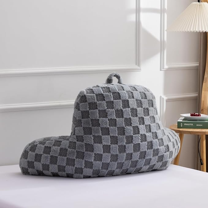 A Nice Night Faux Fur Reading Pillow,Checkered Fluffy Grid Plaid,Bed Wedge Pillow Large Adult Children Backrest with Arms for Bedrest,Grey