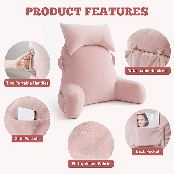 Unisakey Portable Reading Pillows with Headrest for Bed Sitting Up(Pink Oeko-Tex), Velvet Back Pillow with Arms & Pockets for Adults, Support Memory Foam Bed Pillow for Dorm/Reading/Watching/Gaming