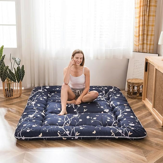 MAXYOYO Navy Floral Printed Japanese Floor Mattress Rustic Style Futon Mattress Foldable Bed Roll Up Camping Mattress Floor Lounger Bed Couches, King Size
