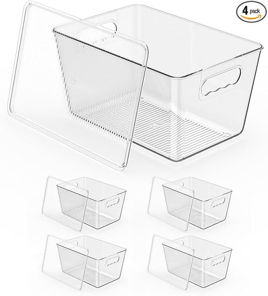 4 Pack Clear Stackable Storage Bins with Lids, Large Plastic Pantry Organizers and Storage Containers for Kitchen Cabinet, Fridge, Closet, Bathroom - BPA-Free Home Organization Must Haves