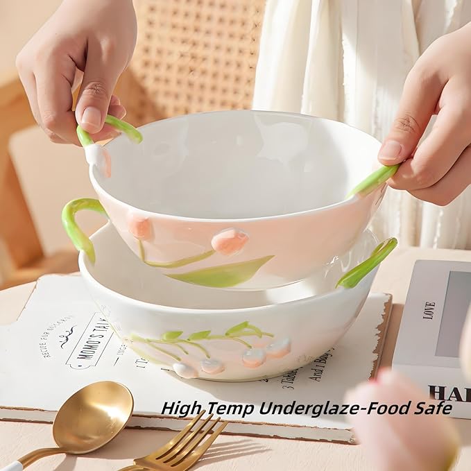 Ceramic Fruit Bowl with Handles, 3D Hand-Painted Lutip Floral Design Serving Bowl for Soup, Pasta, Salad and Snacks, 24oz, Microwave & Dishwasher Safe