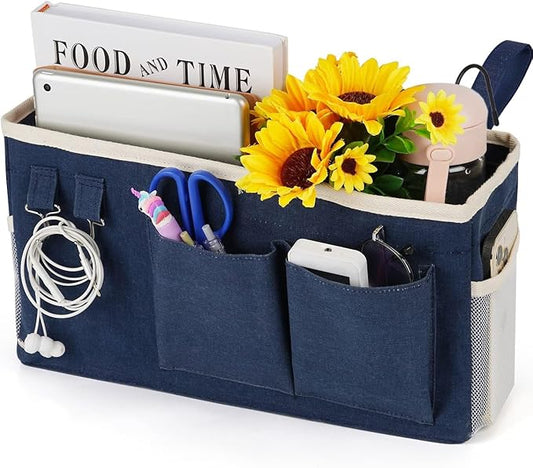 Loghot Bedside Caddy/Bedside Storage Bag Hanging Organizer for Bunk and Hospital Beds,Dorm Rooms Bed Rails,Can be Placed Glasses,Books,Mobile Phones,Keys (Navy Blue)