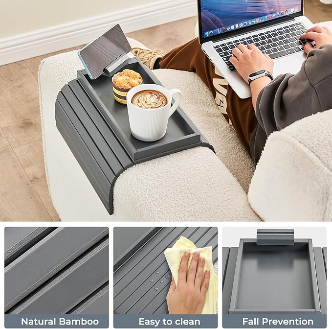 LOVYANXUE Bamboo Sofa Arm Tray, Anti Falling Couch Arm Tray Armrest Table with 360° Rotating Phone Holder, Foldable and Portable Sofa Armrest Trays Cup Holder for Drink,Cups, Phone, Snacks, Remote