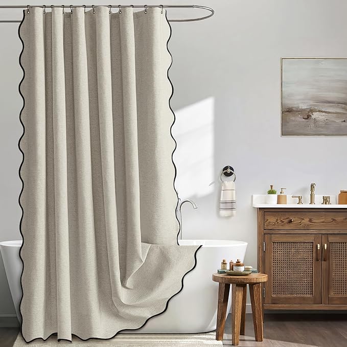 MIULEE Linen Scalloped Shower Curtain Linen Textured with 12 Metal Hooks Cute Heavy Duty Washable Waterproof Thick Cloth Shower Curtains with Black Border for Bathroom Hotel Bathtub,W72*L72