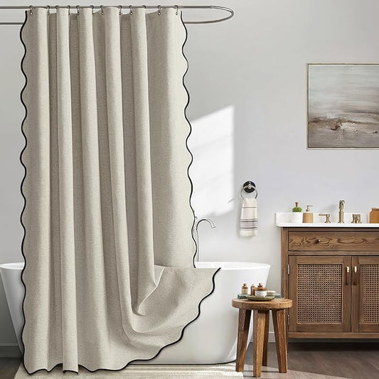MIULEE Linen Scalloped Shower Curtain Linen Textured with 12 Metal Hooks Cute Heavy Duty Washable Waterproof Thick Cloth Shower Curtains with Black Border for Bathroom Hotel Bathtub,W72*L72