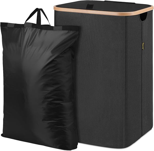 BALEINE Laundry Hamper with Lid, Tall Laundry Baskets with Bamboo Pull Handles, Large Laundry Bin with Internal Support (26Gal/100L, Carbon Black)