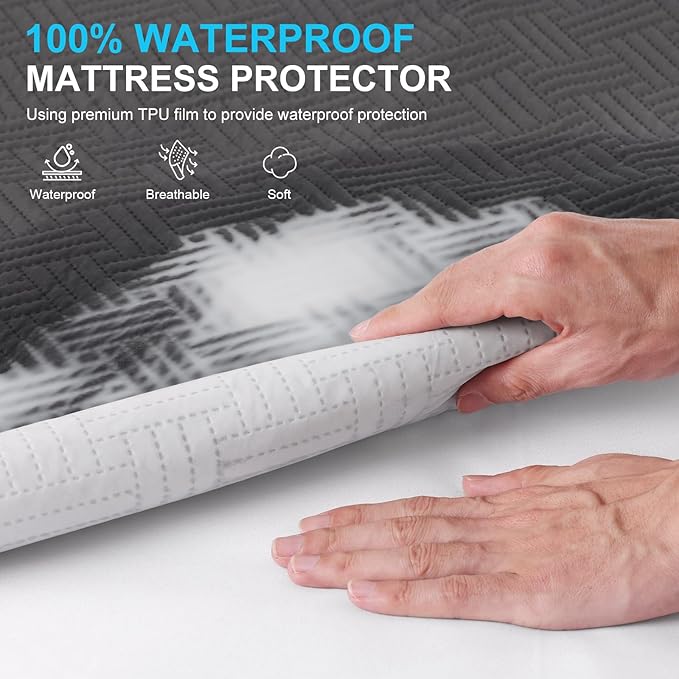 GOPOONY Waterproof Mattress Protector King Size - Breathable, Noiseless, Ultra-Soft Bed Cover, Mattress Pad Cover with Deep Stretchable Pockets 8"-21" (Gray)