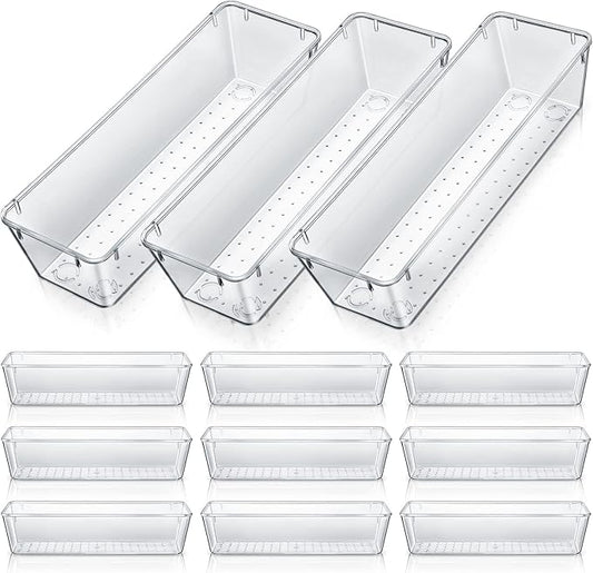 Maitys 12 Pcs Clear Drawer Organizer 9 x 3 x 2 Inches Plastic Rectangle Trays Makeup Vanity Storage Bins and Kitchen Drawers Dividers for Office Desk Silverware Kitchen Utensils(Clear)