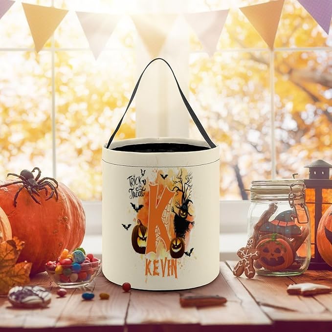Personalized Halloween Trick or Treat Candy Bag with Name Custom Text Party Tote Bucket Halloween Candy Basket Gift (Bag-2)