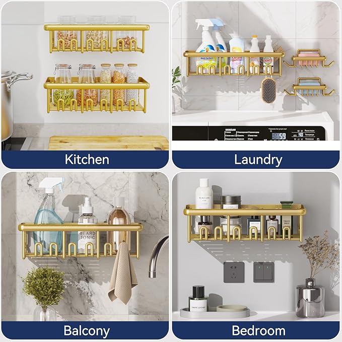 8 Pack Adhesive Rustproof Shower Shelves with Soap Dishes, Toothbrush Holder & Hooks, Large Capacity No-Drilling Shower Shelves Rack for Bathroom Organizers and Storage Accessories, Gold