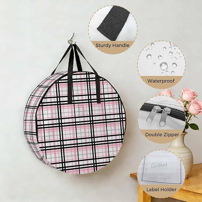 Storage Bag Pink Buffalo Plaid Round Storage Totes Bins Closet Organizers with Zippers & Handle Black Check Stripe Clothes Storage Container for Bedroom Dorm Space Saving Packing Supplies Moving Bags