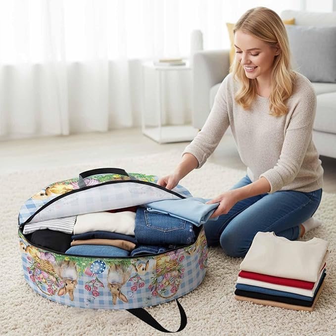 30 Inch Round Storage Bag 2 Pack,Happy Easter Eggs Rabbit Chick Waterproof Wreath Storage Container with Handles&Zipper Spring Flowers Blue Checkered Closet Organizer Bags Garland Box