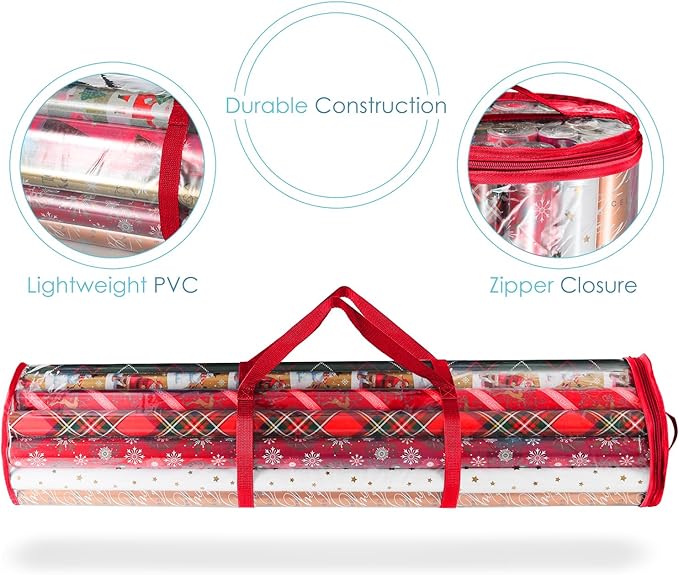Hearth & Harbor Wrapping Paper Storage Container and Clear Wrap Paper Holder - Christmas Storage Bag with Interior Pockets - Fits Up to 36 Rolls of 40" - Tear Proof, Red